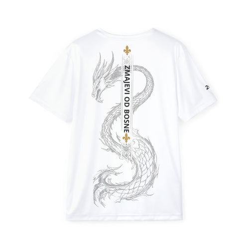 Dragon Crest Sports Jersey — White Men’s Athletic Tee with Dragon Graphic & Crest